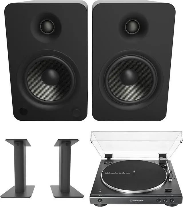 Main image of Kanto YU6MB 200W Bookshelf Speakers with Bluetooth with Kanto SP9 9 Inch Fixed-Height Desktop Stands for Bookshelf Speakers and an AT-LP60XBT-USB-BK Full Automatic Belt Drive Turntable (2022)