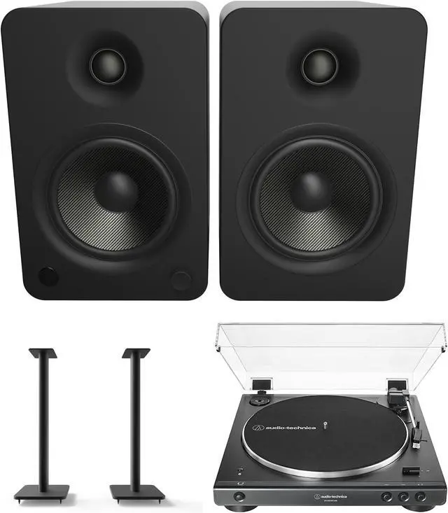 Main image of Kanto YU6MB 200W Bookshelf Speakers with Bluetooth with Kanto SP26PL 26 Inch Fixed-Height Stands for Bookshelf Speakers and an AT-LP60XBT-USB-BK Full Automatic Belt Drive Turntable (2022)