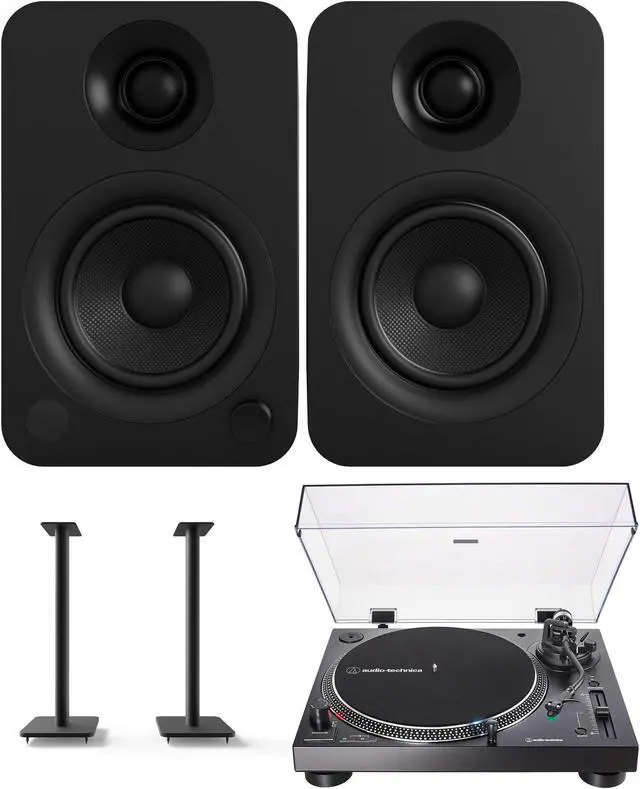 Main image of Kanto YU 140W Powered Bookshelf Speakers with Bluetooth with Kanto SP9 9 Inch Fixed-Height Desktop Stands for Bookshelf Speakers and an AT-LP120XUSB-BK Direct-Drive 3-Speed Manual USB Turntable (2022)