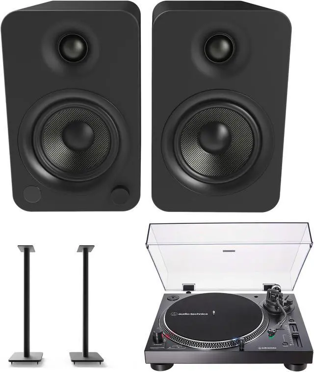 Main image of Kanto YU4MB 140W Bookshelf Speakers with Bluetooth with Kanto SP32PL 32 Inch Fixed-Height Stands for Bookshelf Speakers and an AT-LP120XUSB-BK Direct-Drive 3-Speed Manual USB Turntable (2022)