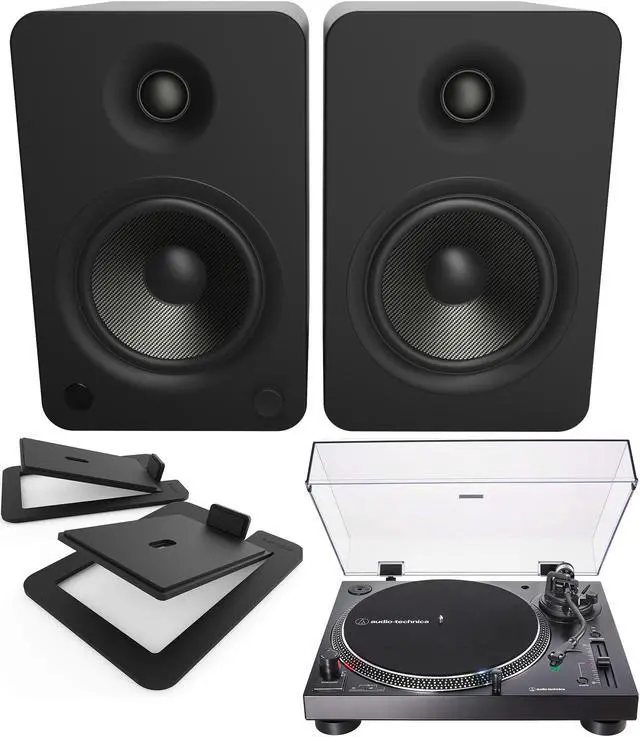 Main image of Kanto YU6MB 200W Bookshelf Speakers with Bluetooth with Kanto S6 Angled Desktop Speaker Stands for Large Speakers and an AT-LP120XUSB-BK Direct-Drive 3-Speed Manual USB Turntable (2022)