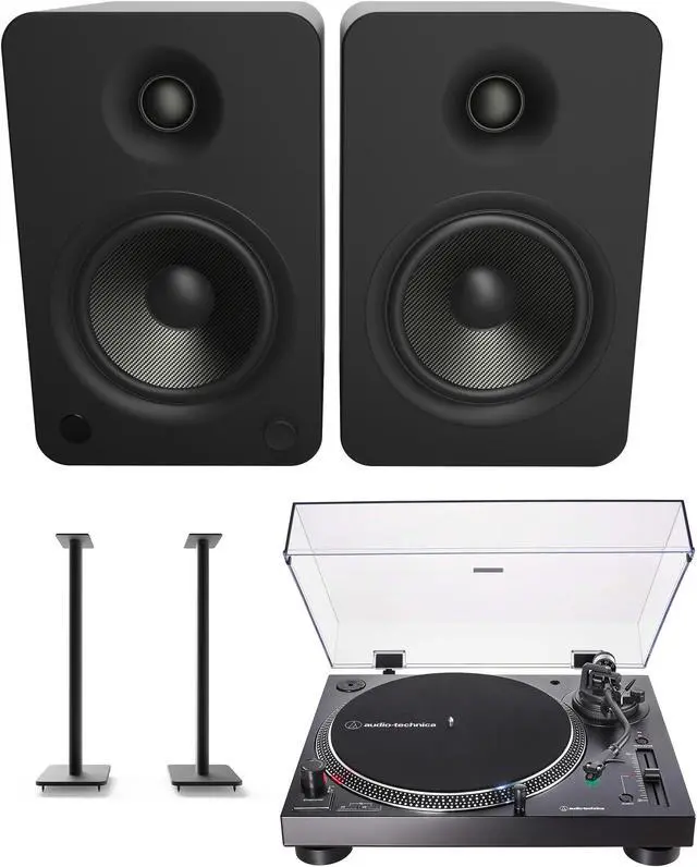 Main image of Kanto YU6MB 200W Bookshelf Speakers with Bluetooth with Kanto SP26PL 26 Inch Fixed-Height Stands for Bookshelf Speakers and an AT-LP120XUSB-BK Direct-Drive 3-Speed Manual USB Turntable (2022)