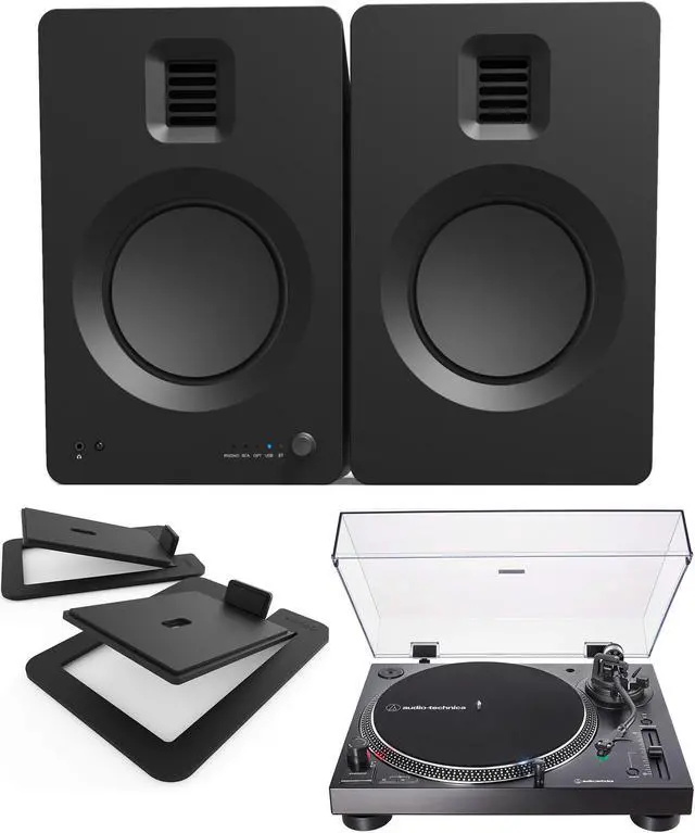 Main image of Kanto TUKMB Bookshelf Speakers with 5.25 Inch Aluminum Drivers with Kanto S6 Angled Desktop Speaker Stands for Large Speakers and an AT-LP120XUSB-BK Direct-Drive 3-Speed Manual USB Turntable (2019)