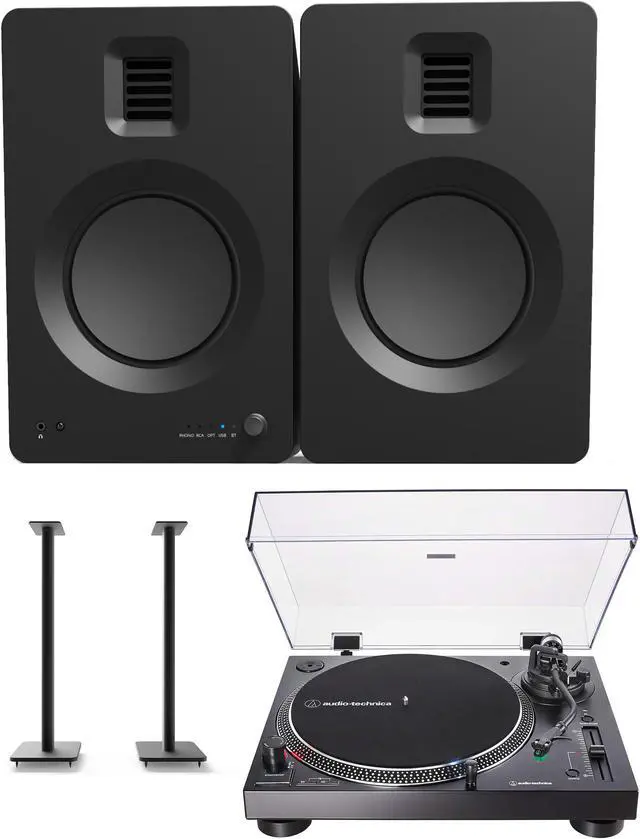 Main image of Kanto TUKMB Bookshelf Speakers with 5.25 Inch Aluminum Drivers with Kanto SP32PL 32 Inch Fixed-Height Stands for Bookshelf Speakers and AT-LP120XUSB-BK Direct-Drive 3-Speed Manual USB Turntable (2019)