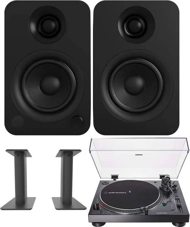 Main image of Kanto YU 140W Powered Bookshelf Speakers with Bluetooth with Kanto SP9 9 Inch Fixed-Height Desktop Stands for Bookshelf Speakers and an AT-LP120XBT-USB-BK Black Direct Turntable (2022)