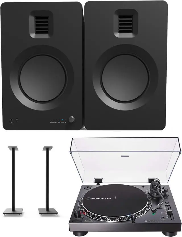 Main image of Kanto TUKMB Bookshelf Speakers with 5.25 Inch Aluminum Drivers with Kanto SP32PL 32 Inch Fixed-Height Stands for Bookshelf Speakers and an AT-LP120XBT-USB-BK Black Direct Turntable (2019)