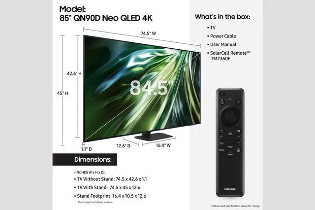 Alt view image 5 of 8 - Samsung QN90D QN85QN90DAF 85" Class Smart LED TV 2024 - 4K UHDTV - High Dynamic Range (HDR) - Graphite Black - Quantum HDR+, Hybrid Log Gamma (HLG), HDR10+, Neo Quantum HDR+, HDR10+ Adaptive - ...