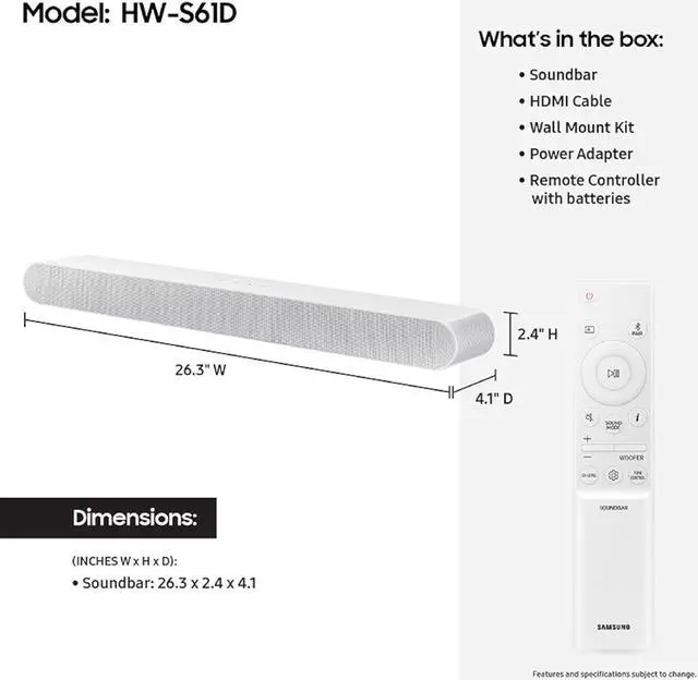 Alt view image 5 of 7 - Samsung HW-S61D 5.0 Ch All-in-one Wireless Dolby Atmos Soundbar (2024)