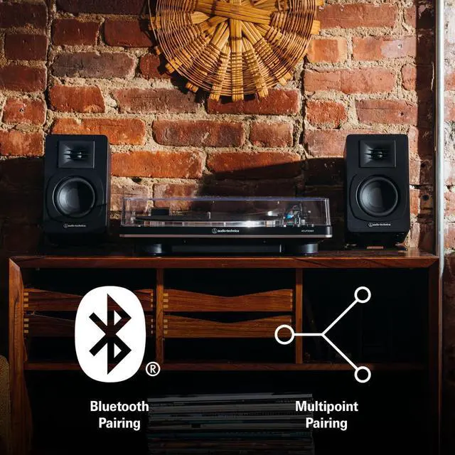 Alt view image 6 of 7 - Audio-Technica AT-LP60X-BK Fully Automatic 2-Speed Belt-Drive Turntable with Audio Technica AT-SP3X Powered Bookshelf Speakers (2018)