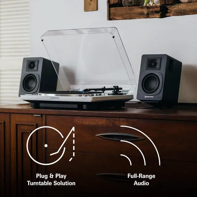 Alt view image 7 of 7 - Audio-Technica AT-LP60X-BK Fully Automatic 2-Speed Belt-Drive Turntable with Audio Technica AT-SP3X Powered Bookshelf Speakers (2018)