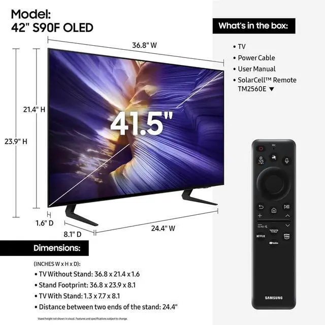 Alt view image 3 of 7 - Samsung QN42S90FAEXZA 42 Inch 4K OLED Smart TV with Dolby Atmos and 2 Year Amber Protection Plan (2025)