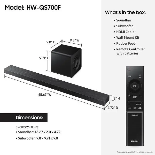 Alt view image 5 of 7 - Samsung HW-QS700F 3.1.2 Ch Dolby Atmos Soundbar and Subwoofer with 6 Year Amber Protection Plan (2025)