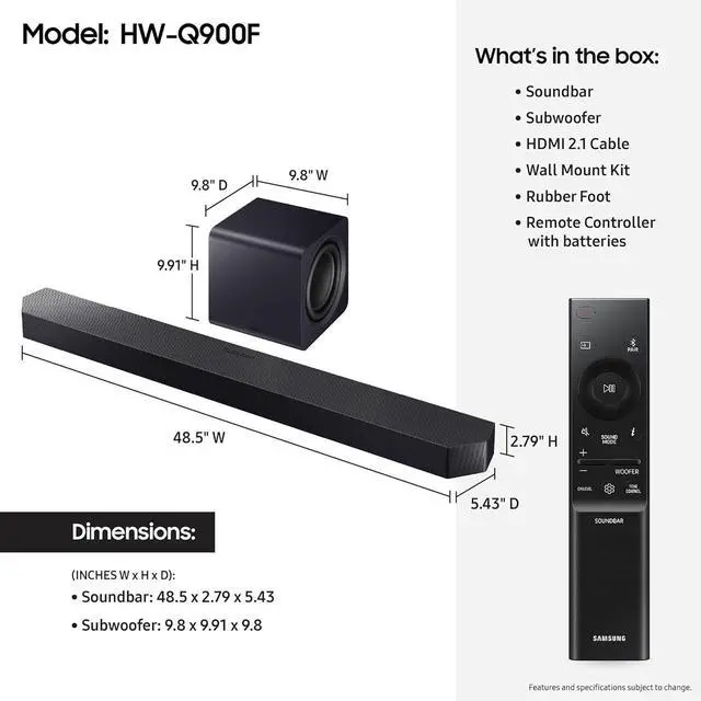 Alt view image 5 of 7 - Samsung HW-Q900F Q Series Soundbar 7.1.2 Ch Subwoofer with 4 Year Amber Protection Plan (2025)