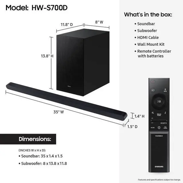 Alt view image 5 of 7 - Samsung HW-S700D 3.1Ch Ultra-Slim Soundbar and Subwoofer with 3 Year Amber Protection Plan (2024)