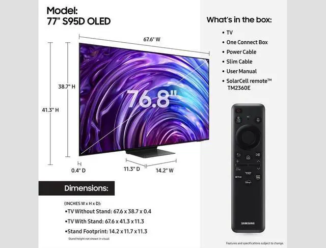 Alt view image 4 of 7 - Samsung QN77S95DDFXZA 77 Inch OLED 4K Smart TV with a Samsung HW-B750D 5.1Ch Soundbar and Subwoofer with Dolby Digital (2024)