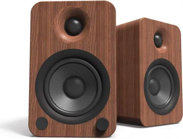 Alt view image 2 of 7 - Kanto YU4WALNUT 140W Bookshelf Speakers with Bluetooth - Walnut (Pair) with Kanto SP32PL 32" Fixed-Height Stands for Bookshelf Speakers - Black (Pair) (2022)