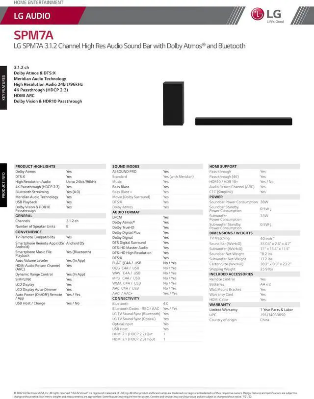 Alt view image 7 of 7 - LG Electronics SPM7A 3.1.2 Channel High Resolution Audio Sound Bar with Dolby Atmos (2022)