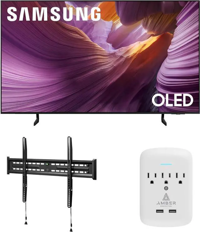 Main image of Samsung QN55S85FAFXZA 55 Inch OLED HDR 4K Smart TV with a Walts TV FIXED-MOUNT-43-90 TV Mount for 43"-98" TVs and Amber Protection 3-OUTLET-SURGE Surge Protector (2025)