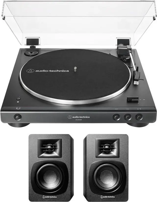 Main image of Audio-Technica AT-LP60XBT-BK Bluetooth Wireless Automatic Belt-Drive Turntable with Audio Technica AT-SP3X Powered Bookshelf Speakers (2019)