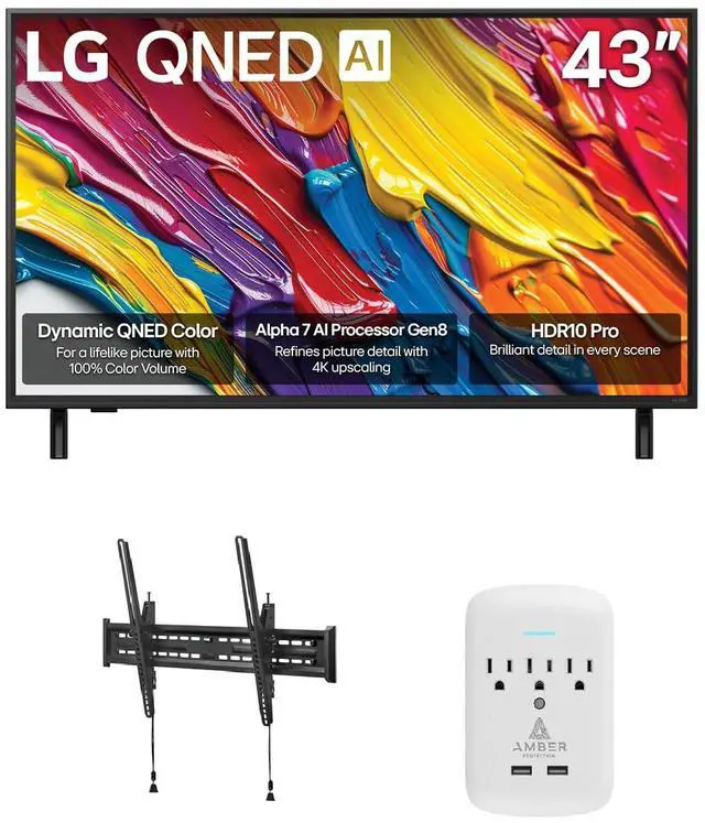 Main image of LG 43QNED82AUA 43 Inch QNED AI 4K Smart TV with a Walts TILT-MOUNT-43-90 Large/XL Tilt Mount and Amber Protection 3-OUTLET-SURGE Surge Protector (2025)