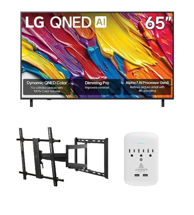 Main image of LG 65QNED82AUA 65 Inch QNED AI 4K Smart TV with a Walts Large/Extra Large Full Motion Mount and Amber Protection 3-OUTLET-SURGE Surge Protector (2025)