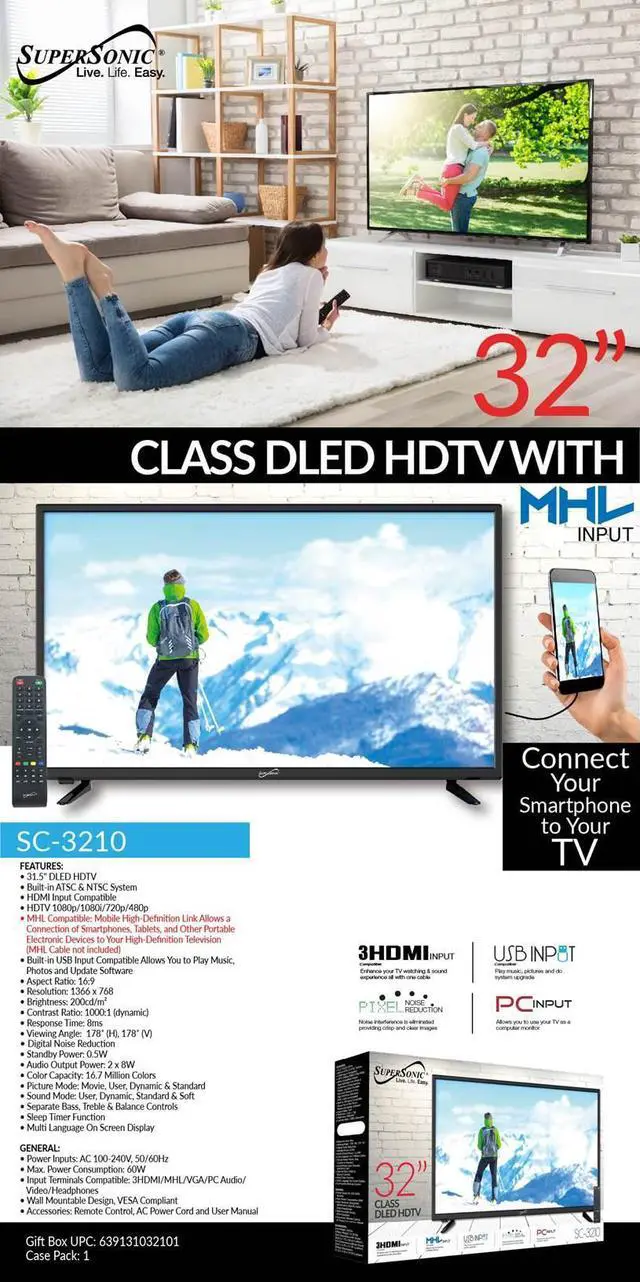 Alt view image 8 of 12 - Supersonic SC-3210 32" 1080p DLED HDTV w/ 120Hz Refresh Rate, 3 HDMI/ USB , PC