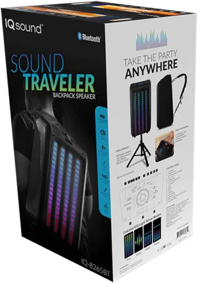 Alt view image 7 of 15 - Supersonic IQ Sound Sound Traveler 20 Watt Portable Backpack Speaker Microphone IQ-8265BT