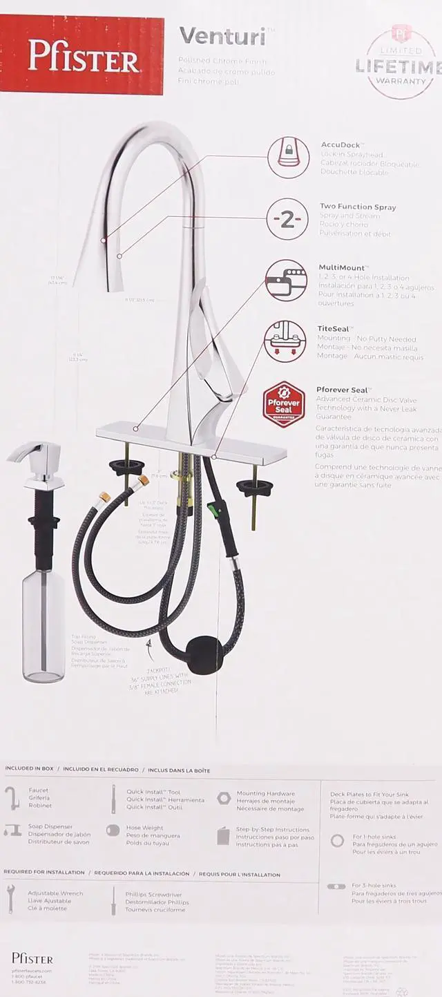 Alt view image 3 of 9 - Pfister Venturi Kitchen Faucet with Pull Down Sprayer and Soap Dispenser, Single Handle, High Arc, Stainless Polished Chrome Finish, F5297VNC