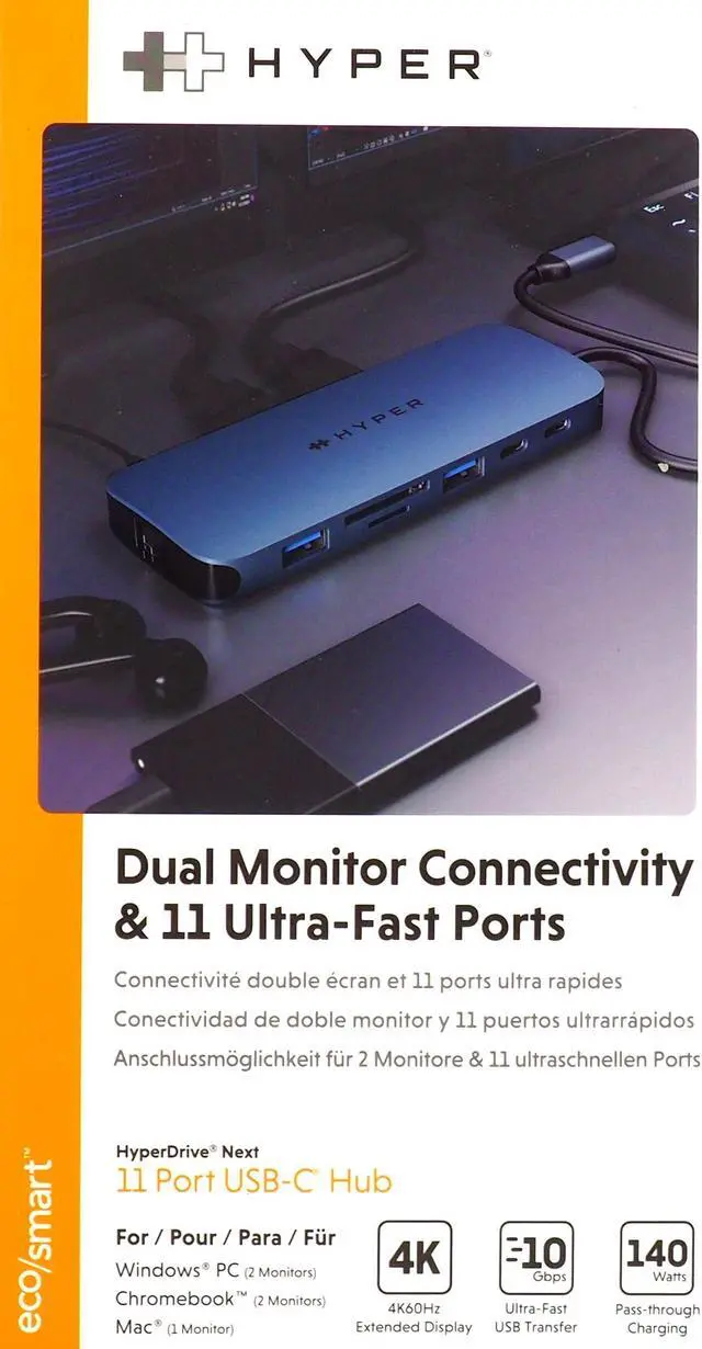 Alt view image 2 of 8 - Hyper HyperDrive Next 11 Port USB-C Hub, dual 4K HDMI, Ethernet,  microSD/SD, travel dock for PC/Chromebook - Midnight Blue HD4006GL