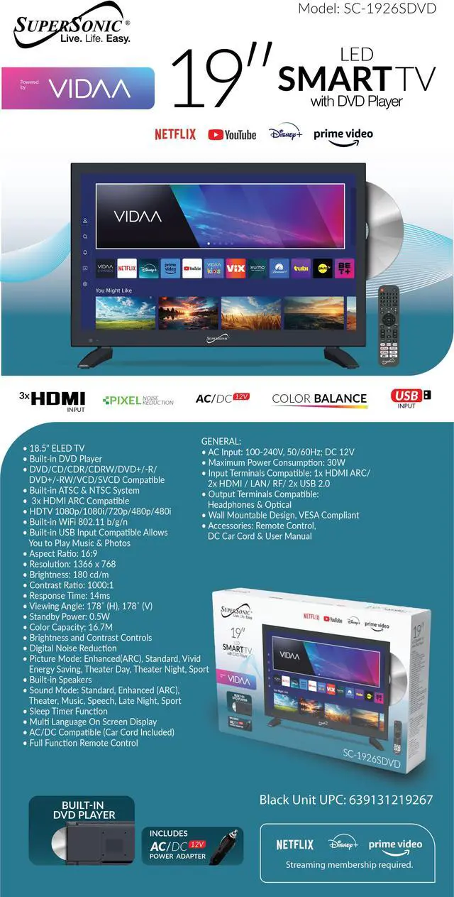 Alt view image 5 of 11 - Supersonic SC-1926DVD 19-inch LED Smart HDTV w/DVD Player, ATSC & NTSC System, 3X HDMI, 1080p, WiFi, USB