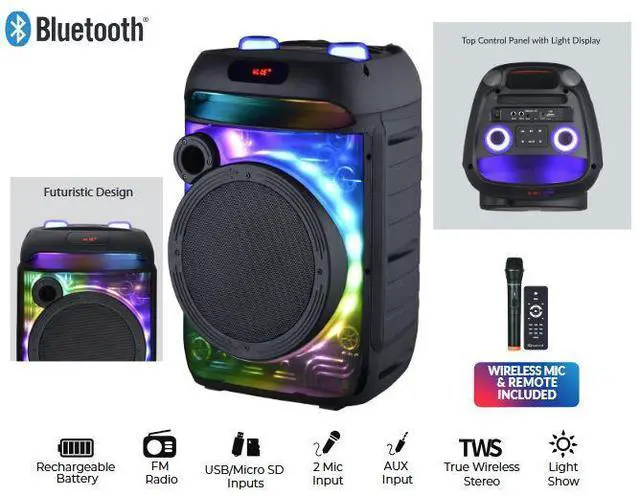 Alt view image 2 of 12 - Supersonic IQ Sound Cyber Flex 8" Portable Bluetooth Speaker w/ TWS LED Light, Wireless Mic USB/SD/FM/AUX  IQ-5908DJBT