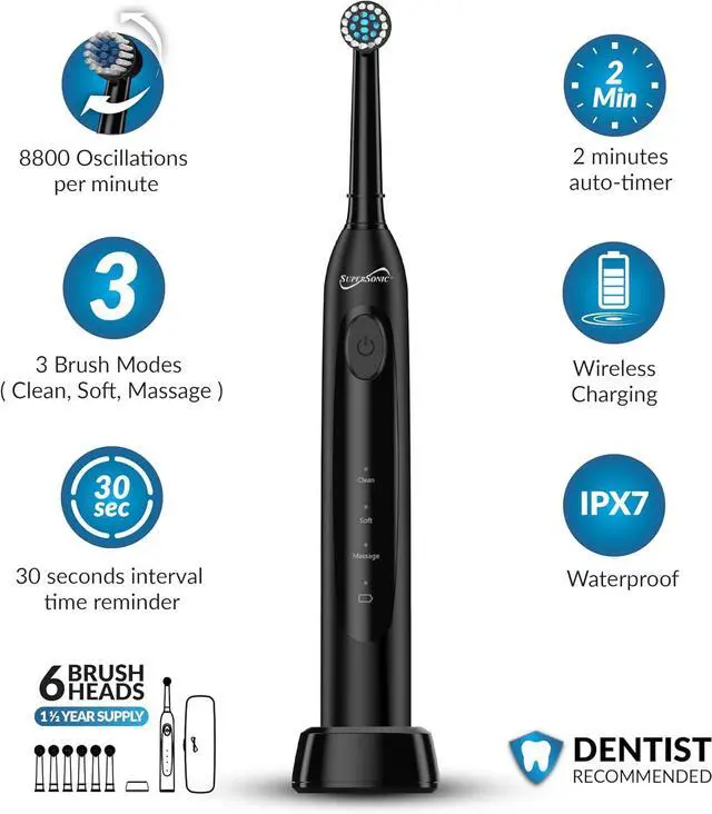Alt view image 2 of 14 - Supersonic Sonic ZOOM +TB-1000 Toothbrush 6 Heads & Wireless Rechargeable Black