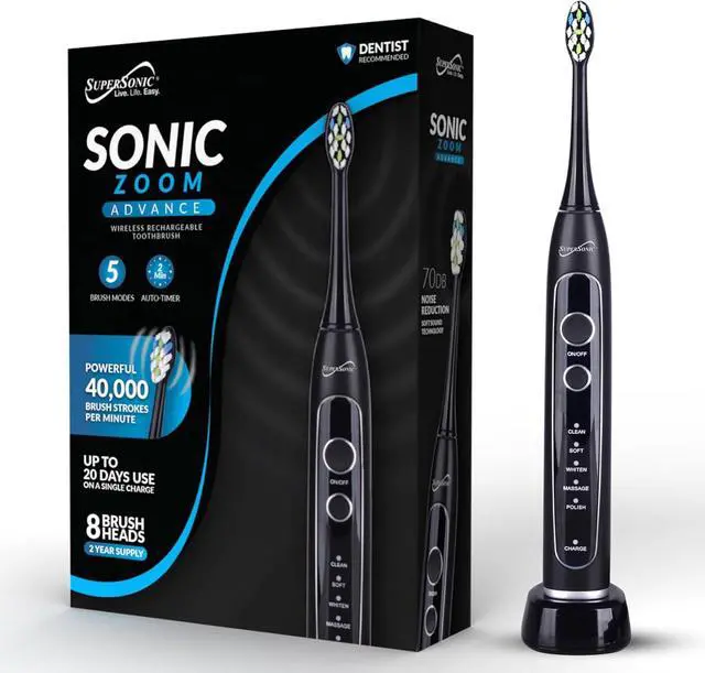 Alt view image 3 of 14 - Supersonic Sonic Zoom Whitening Electric Toothbrush 40,000 VPM 5 Modes 8 Heads TB-5100 Black