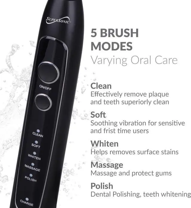 Alt view image 6 of 14 - Supersonic Sonic Zoom Whitening Electric Toothbrush 40,000 VPM 5 Modes 8 Heads TB-5100 Black