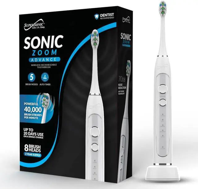 Alt view image 2 of 14 - Supersonic Sonic Zoom Whitening Electric Toothbrush 40,000 VPM 5 Modes 8 Heads TB-5100 White