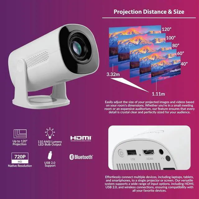 Alt view image 4 of 13 - Supersonic SC-92P Smart Wi-Fi HD Projector  720p Native, 1080p Support, 1760 Lumens, Galaxy Light Effects, Bluetooth, Built-in Apps, HDMI/USB, Mirror Cast | Rotatable