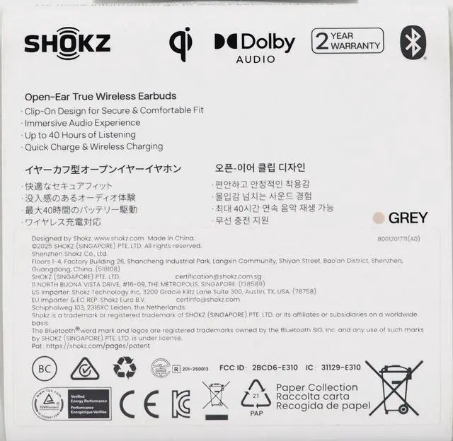 Alt view image 4 of 4 - Shokz OpenDots ONE Open-Ear True Wireless Earbuds Gray Dolby Audio, IP54, 40H Playback E310-ST-GY-US