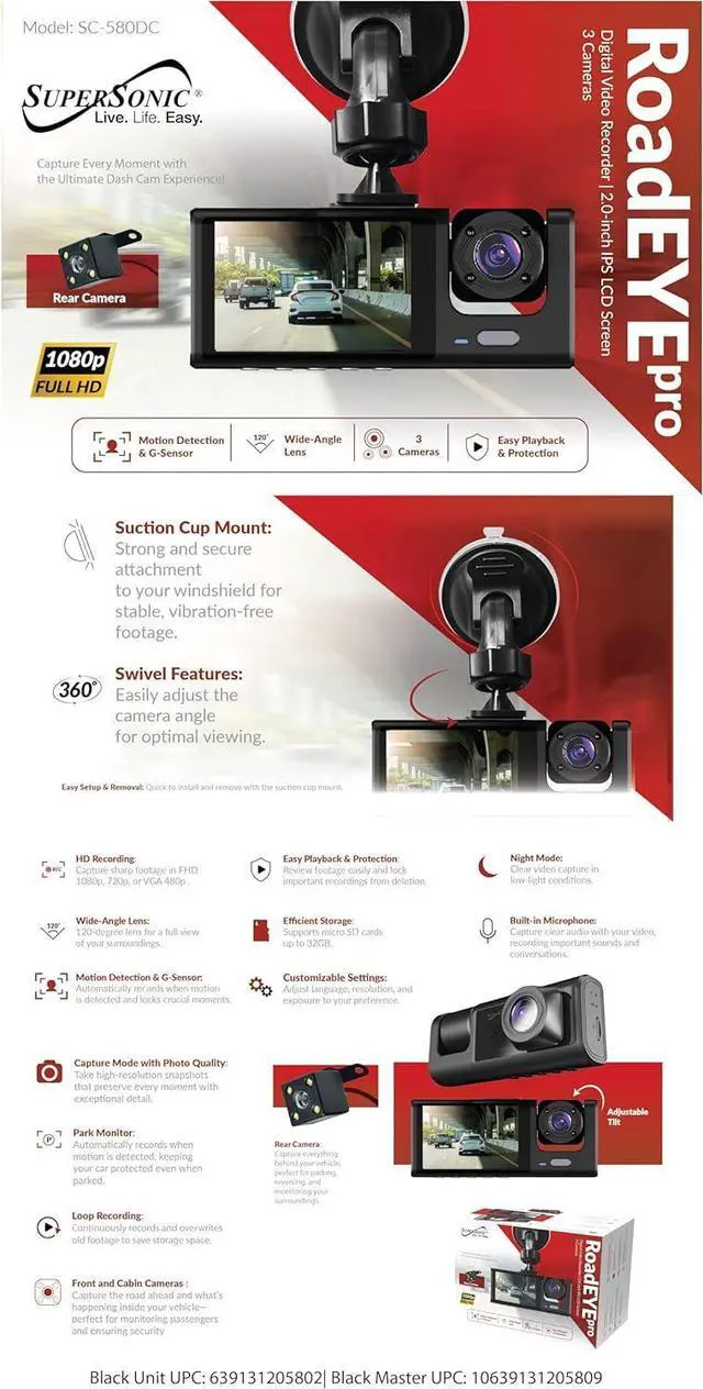 Alt view image 5 of 7 - Supersonic RoadEYEpro HD Dash Cam FHD 1080p Front+Cabin+Rear, Night Vision, G-Sensor, GPS, Loop Recording, 32GB SD, SC-580DC