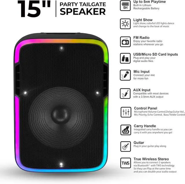 Alt view image 2 of 7 - Supersonic IQ Sound 15-inch Portable Bluetooth Speaker w/True Wireless Stereo LED Light Show FM Radio Tripod Microphone IQ-4715DJBT