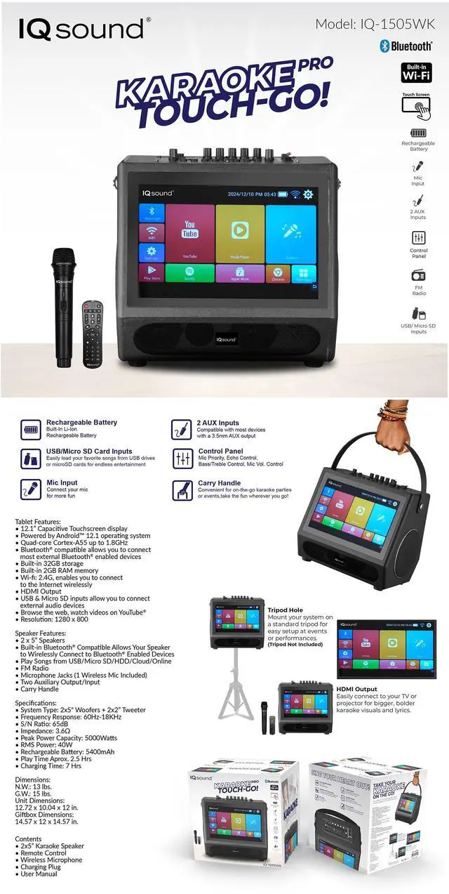 Alt view image 6 of 6 - Supersonic IQ Sound Portable Karaoke System, 12.1 Touch Screen, 5000W Peak, Bluetooth, WiFi, HDMI, FM, Mic IQ-1505WK