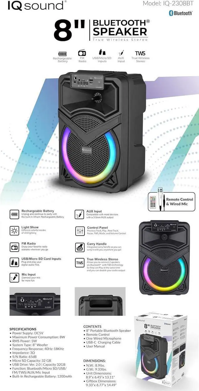 Alt view image 2 of 5 - Supersonic IQ Sound IQ-2308BT Cyber Flex8 8" Portable Bluetooth Speaker w/ TWS, LED Lights, FM Radio, USB/SD/AUX/Mic