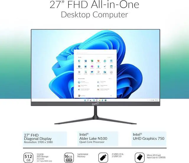 Alt view image 3 of 7 - Supersonic SC-5527AIO 27" All-in-One Desktop Computer PC, Intel N100, 16GB RAM, 512GB SSD, Windows 11, Office 365