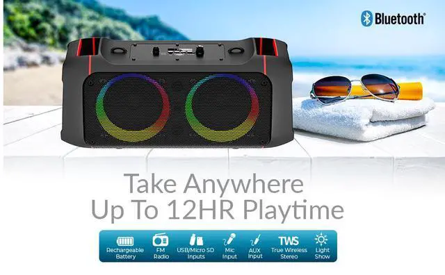 Alt view image 6 of 7 - IQ Sound IQ-3504BT Bass Glow Go Portable Bluetooth Speaker with Tws Stereo Pairing, Dual 4" Drivers, Bluetooth 5. Wireless