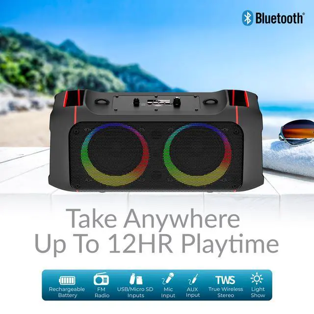 Alt view image 4 of 7 - IQ Sound IQ-3504BT Bass Glow Go Portable Bluetooth Speaker with Tws Stereo Pairing, Dual 4" Drivers, Bluetooth 5. Wireless