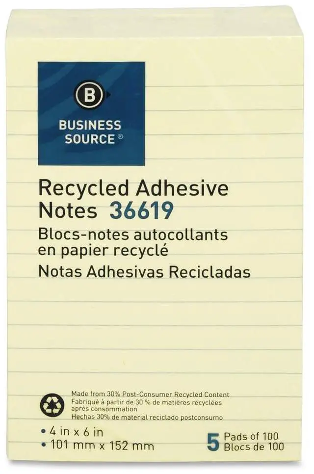 Alt view image 9 of 13 - Business Source Recycled Adhesive Note Pads Lined 4"x6" 5/PK Yellow 36619
