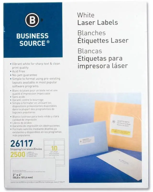 Alt view image 5 of 8 - Business Source Mailing Labels Shipping Laser 2"x4" 2500/PK White 26117