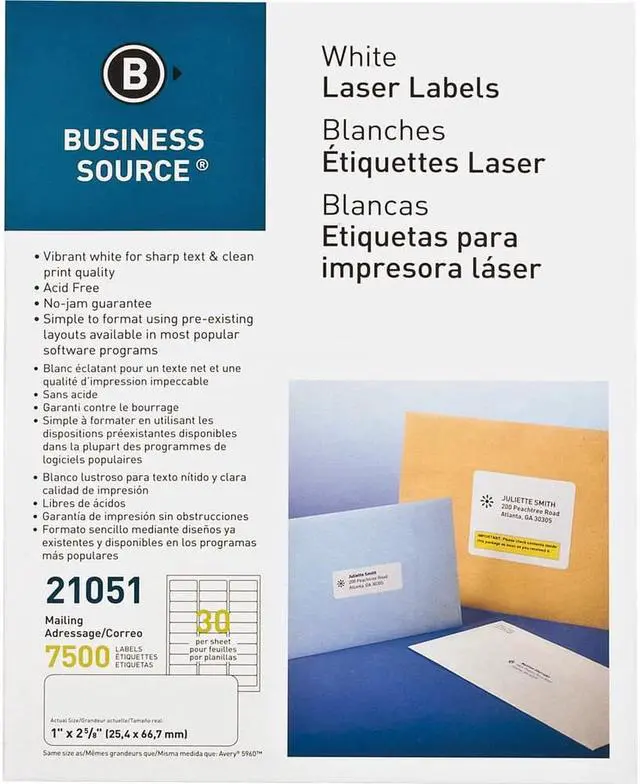 Alt view image 3 of 6 - Business Source Mailing Label Laser 1"x2-5/8" 7500/PK White 21051