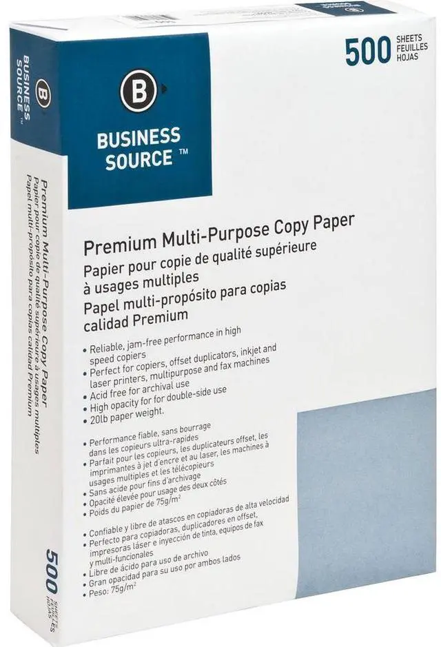 Alt view image 3 of 5 - Business Source Multipurpose Paper 20lb. 92 Bright 8-1/2"x11" 5RM/CT White 32125