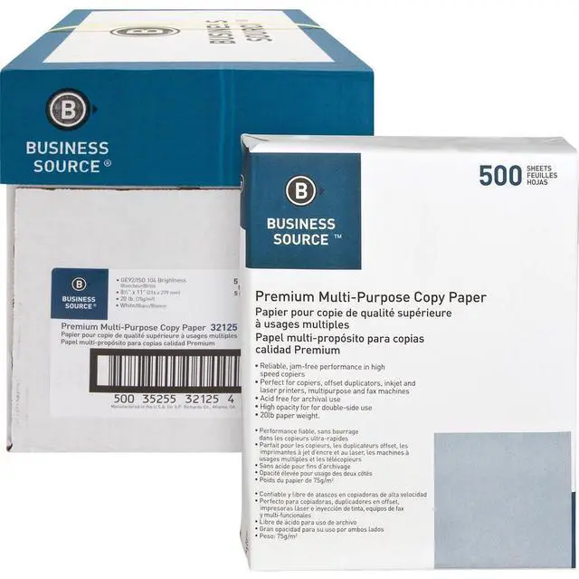 Alt view image 2 of 5 - Business Source Multipurpose Paper 20lb. 92 Bright 8-1/2"x11" 5RM/CT White 32125