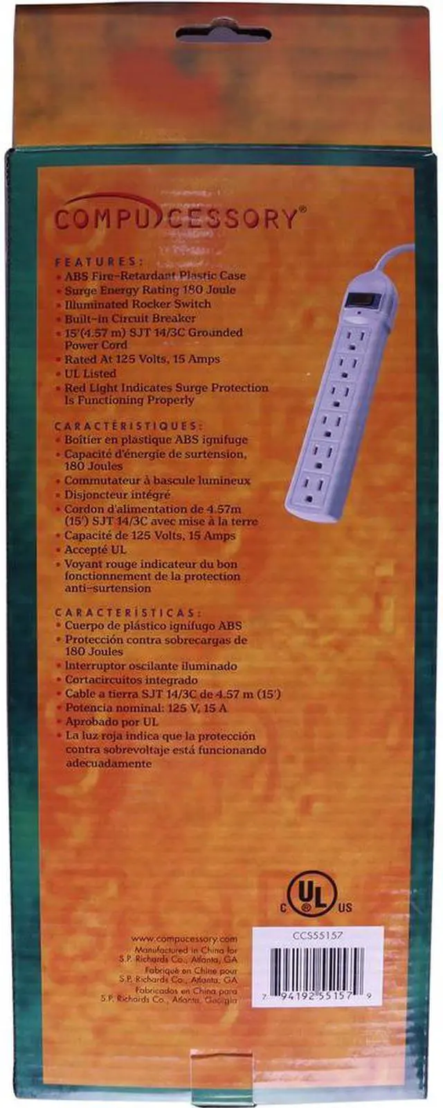 Alt view image 6 of 7 - Power Strip,6 Outlet,Built-in Circuit Breaker,15' Cord,Gray CCS55157